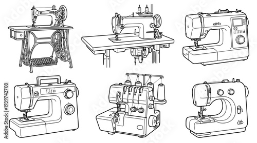 sewing machine , realistic line art vector set , white background , PNG and SVG isolate