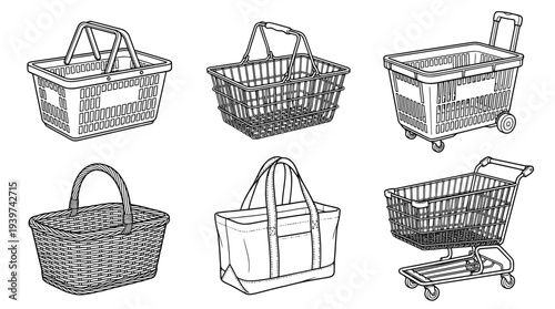 shopping basket , realistic line art vector set , white background , PNG and SVG isolate