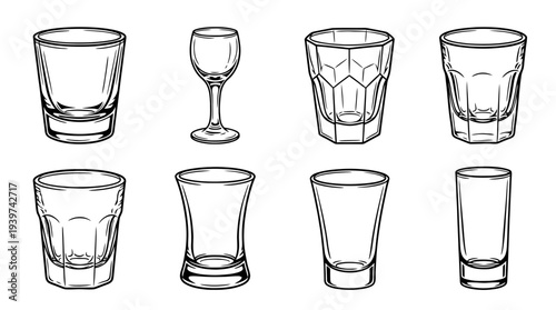shot glass , realistic line art vector set , white background , PNG and SVG isolate