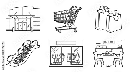 shopping mall , realistic line art vector set , white background , PNG and SVG isolate