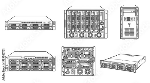 server , realistic line art vector set , white background , PNG and SVG isolate
