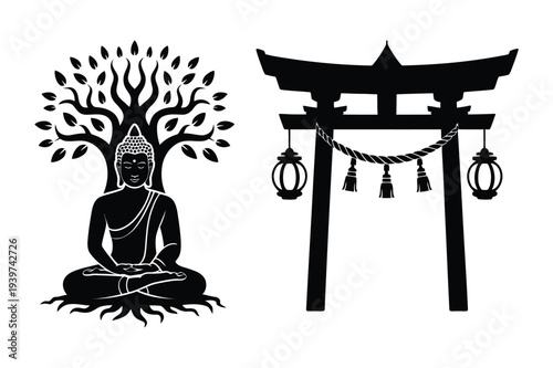 Buddha Meditation Under Tree and Torii Gate Icon