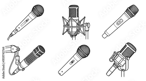 singing microphone , realistic line art vector set , white background , PNG and SVG isolate