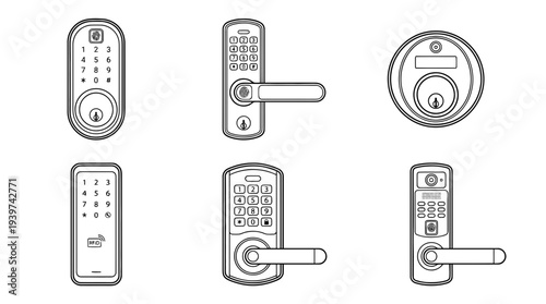 smart door lock , realistic line art vector set , white background , PNG and SVG isolate