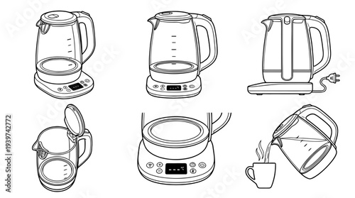 smart kettle , realistic line art vector set , white background , PNG and SVG isolate