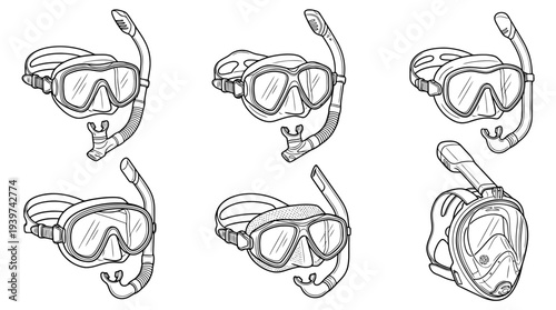 snorkel mask , realistic line art vector set , white background , PNG and SVG isolate