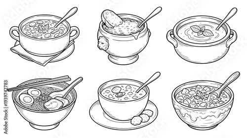 soup bowl , realistic line art vector set , white background , PNG and SVG isolate
