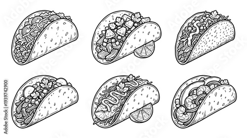 taco , realistic line art vector set , white background , PNG and SVG isolate