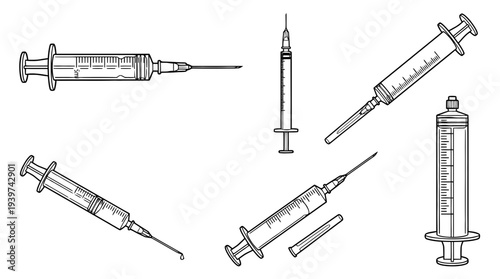 syringe , realistic line art vector set , white background , PNG and SVG isolate