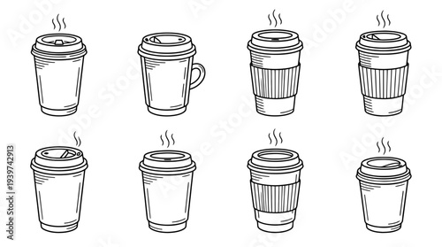 takeaway coffee , realistic line art vector set , white background , PNG and SVG isolate
