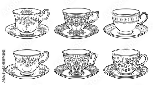 teacup , realistic line art vector set , white background , PNG and SVG isolate