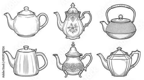 teapot , realistic line art vector set , white background , PNG and SVG isolate