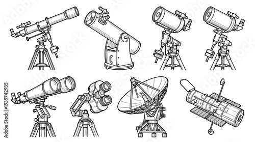 telescope , realistic line art vector set , white background , PNG and SVG isolate