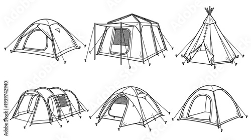tent , realistic line art vector set , white background , PNG and SVG isolate