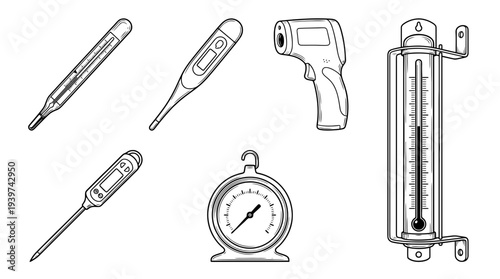 thermometer , realistic line art vector set , white background , PNG and SVG isolate