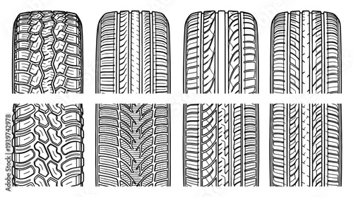 tire tread , realistic line art vector set , white background , PNG and SVG isolate