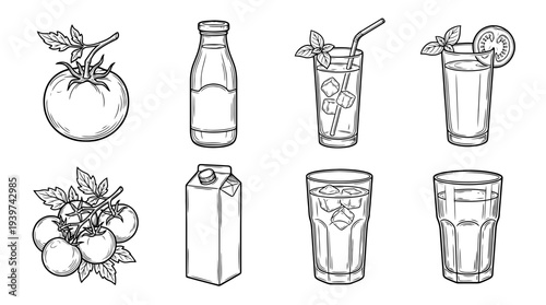 tomato juice , realistic line art vector set , white background , PNG and SVG isolate