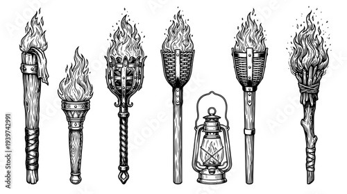 torch , realistic line art vector set , white background , PNG and SVG isolate