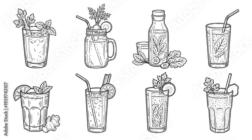 vegetable juice , realistic line art vector set , white background , PNG and SVG isolate