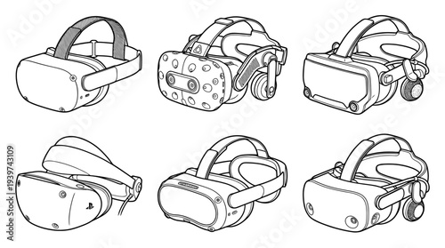 virtual reality headset , realistic line art vector set , white background , PNG and SVG isolate
