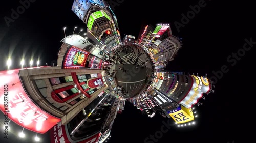 SHINJUKU, TOKYO, JAPAN - FEB 2026 : Super fish eye view of Kabukicho area. Biggest entertainment, red light district in Japan. Japanese urban city nightlife concept video.