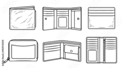 wallet , realistic line art vector set , white background , PNG and SVG isolate