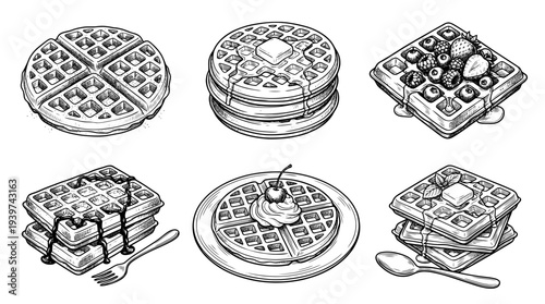 waffle , realistic line art vector set , white background , PNG and SVG isolate