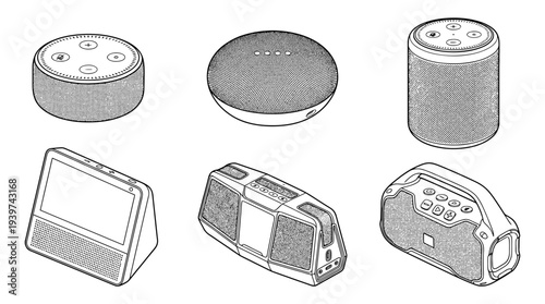 voice assistant speaker , realistic line art vector set , white background , PNG and SVG isolate