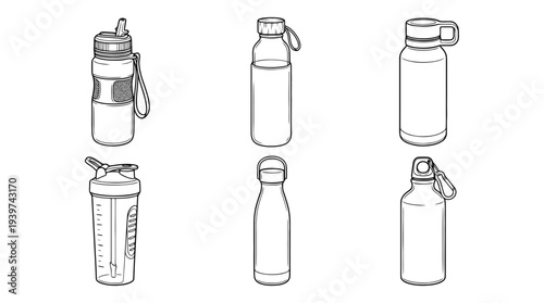 water bottle , realistic line art vector set , white background , PNG and SVG isolate