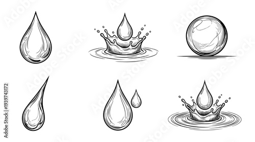 water drop , realistic line art vector set , white background , PNG and SVG isolate