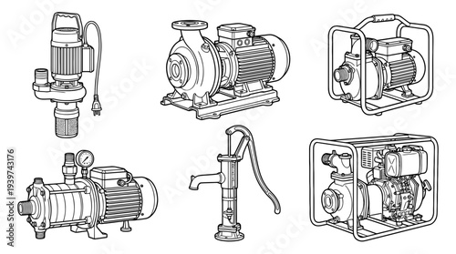 water pump , realistic line art vector set , white background , PNG and SVG isolate