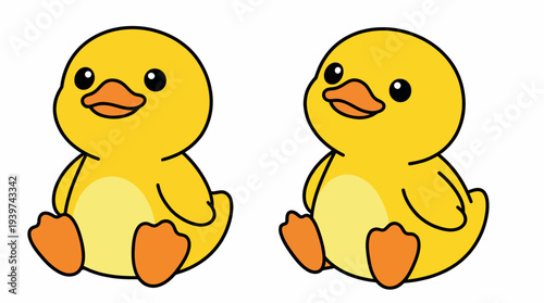 This delightful image features two adorable yellow ducklings seated side by side, exuding charm and cuteness, perfect for children's themes and joyful illustrations.