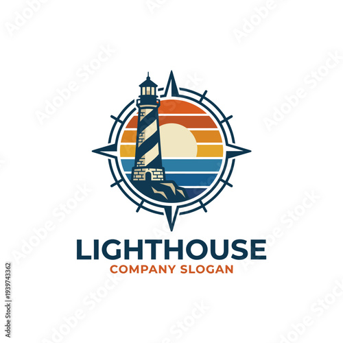 A beautifully crafted lighthouse logo featuring a stunning sunset and compass elements, representing guidance, safety, and coastal themes perfect for nautical brands.