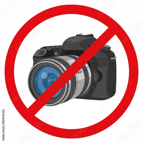 A striking graphic displaying a 'no camera' symbol, featuring a crossed-out camera to convey restrictions on photography, ideal for signs or informational products.