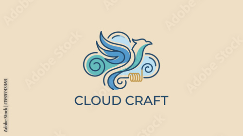 A whimsical cloud craft logo featuring a bird, embodying creativity and innovation while merging natural elements with peace and imagination for branding use.