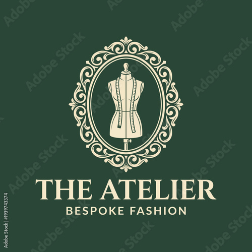 This elegant logo design for 'The Atelier' boutique captures the essence of bespoke fashion, showcasing a mannequin within an ornate frame for a refined branding aesthetic.