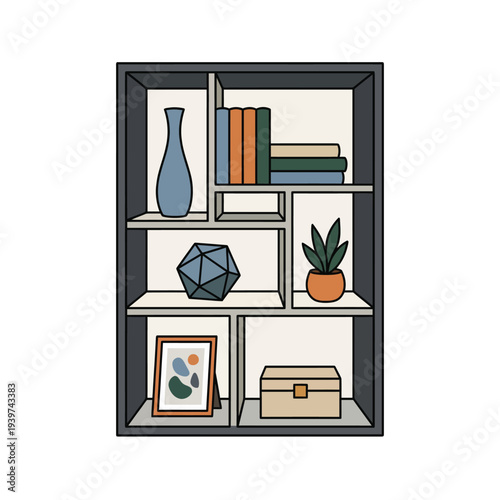 This image showcases a modern bookshelf filled with books, decorative items, and plants, reflecting a chic and organized interior designed for functional aesthetics.