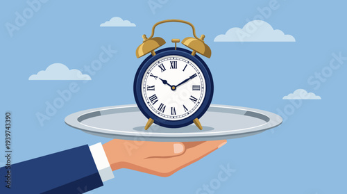 An artistic representation of a traditional alarm clock presented on a silver platter, symbolizing the concept of time and its importance in our daily lives.