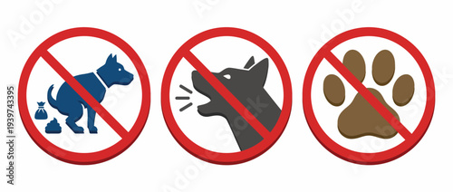 This image features a clear and impactful sign indicating that dogs are not allowed, represented by pictograms of dogs and prohibition symbols in a vibrant design.