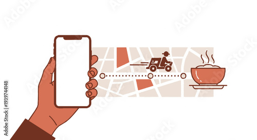 Hand holding smartphone with blank screen tracking delivery truck on map leading to steaming coffee cup online ordering concept flat design
