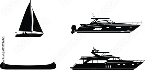 Boat silhouettes collection including sailboat yacht motorboat and canoe, black watercraft icons isolated for marine transport design, nautical travel and boating illustration
