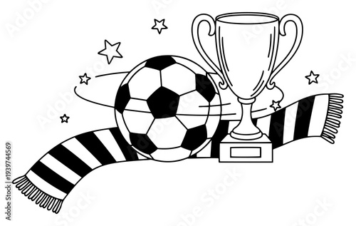 Black and white soccer trophy with scarf vector illustration