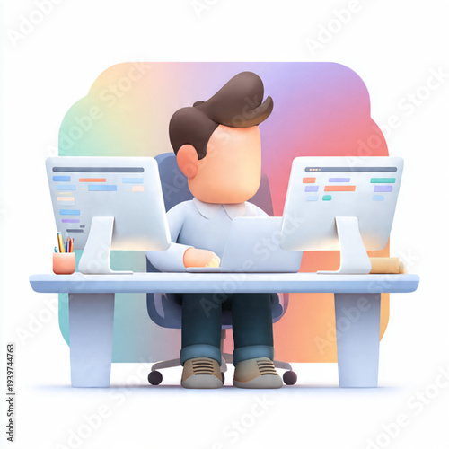 Computer Programmer Working in Office Workspace Vector