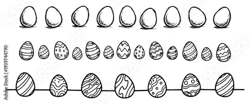 Black and white set of decorated Easter eggs in sketch style