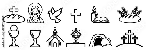 Collection of minimalist Christian icons and religious Easter symbols in thin line style