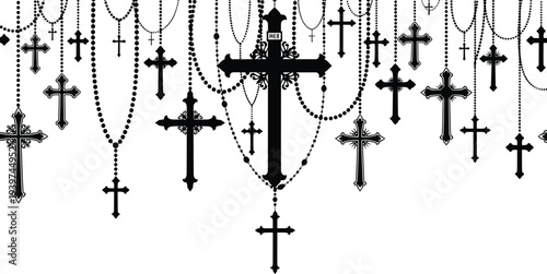 Christian crosses and rosary necklaces silhouettes collection, religious symbols hanging pattern with ornate cross pendants, faith and spirituality icons isolated vector
