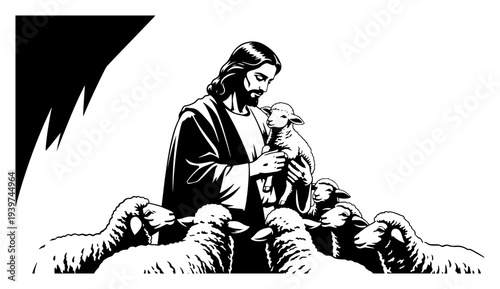 Black and white Jesus the Good Shepherd with sheep vector illustration