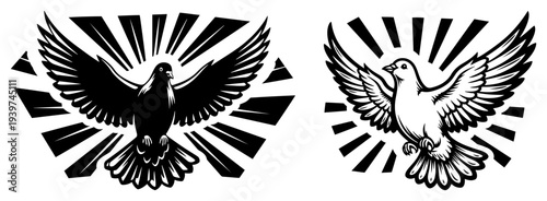 Graphic illustration of holy spirit dove with sunburst rays in high contrast woodcut style