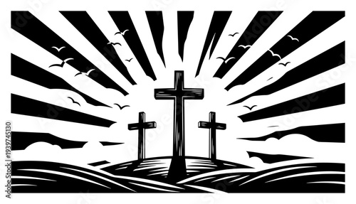 Black and white three crosses on hill at sunrise vector illustration