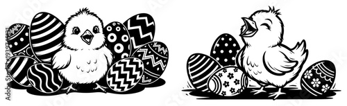 Black and white Easter chicks with decorated eggs vector illustration